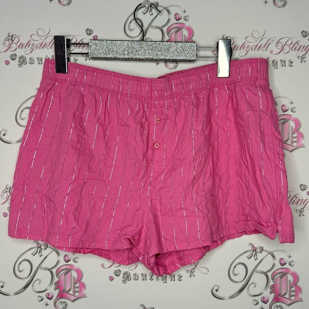 Victoria secret pink shorts striped silver shimmer buttons elastic logo waist